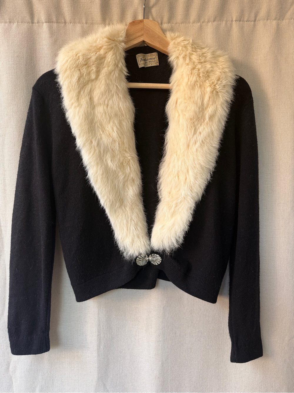 Vintage Black Cardigan with Cream Faux Fur Shawl Collar